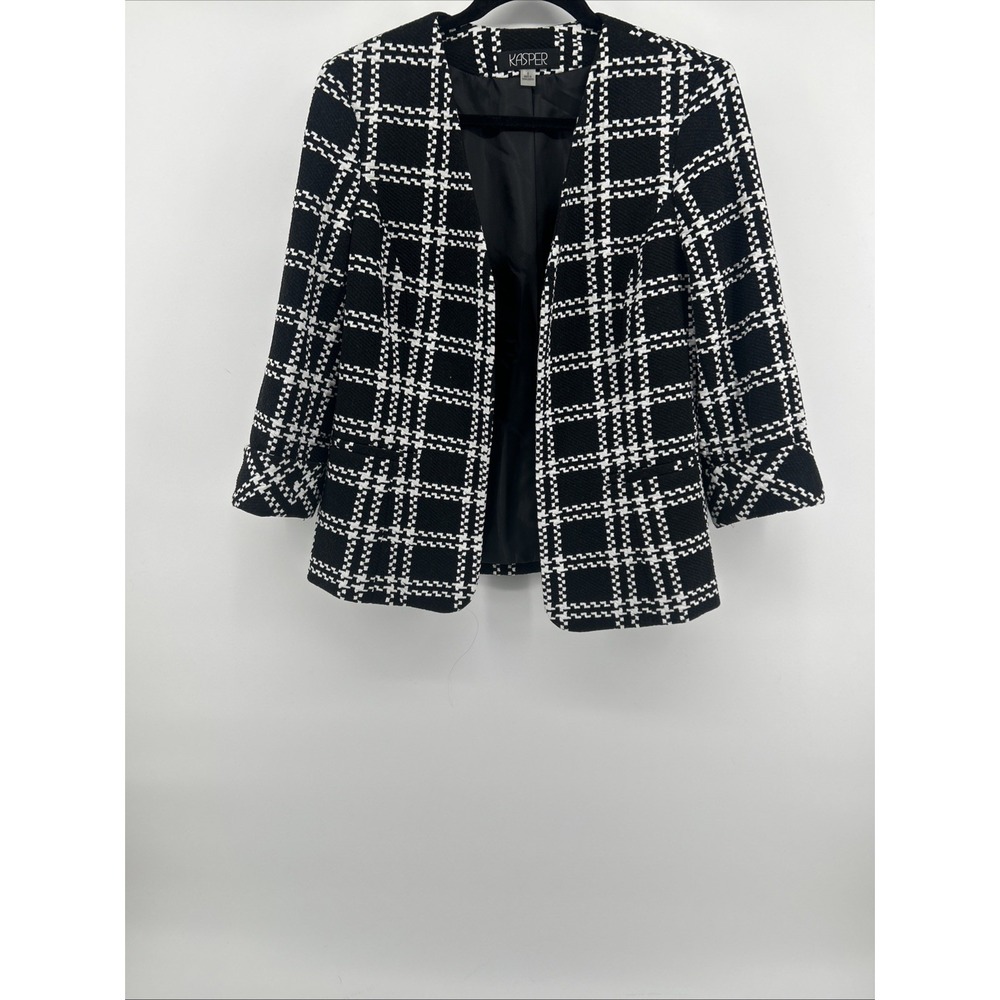 Kasper Plaid Blazer Sz 6 Black White Open Front Tweed Grid Core Chic Career